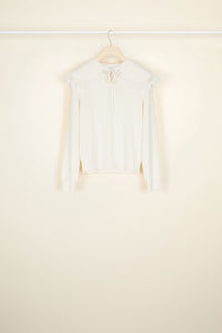 Slim-fit jumper with crochet collar in wool - Cream