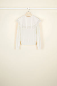Slim-fit jumper with crochet collar in wool - Cream