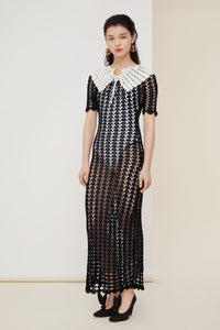 Two-tone crochet maxi dress - Black and White