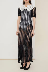 Robe longue bicolore en crochet - Noir & Blanc