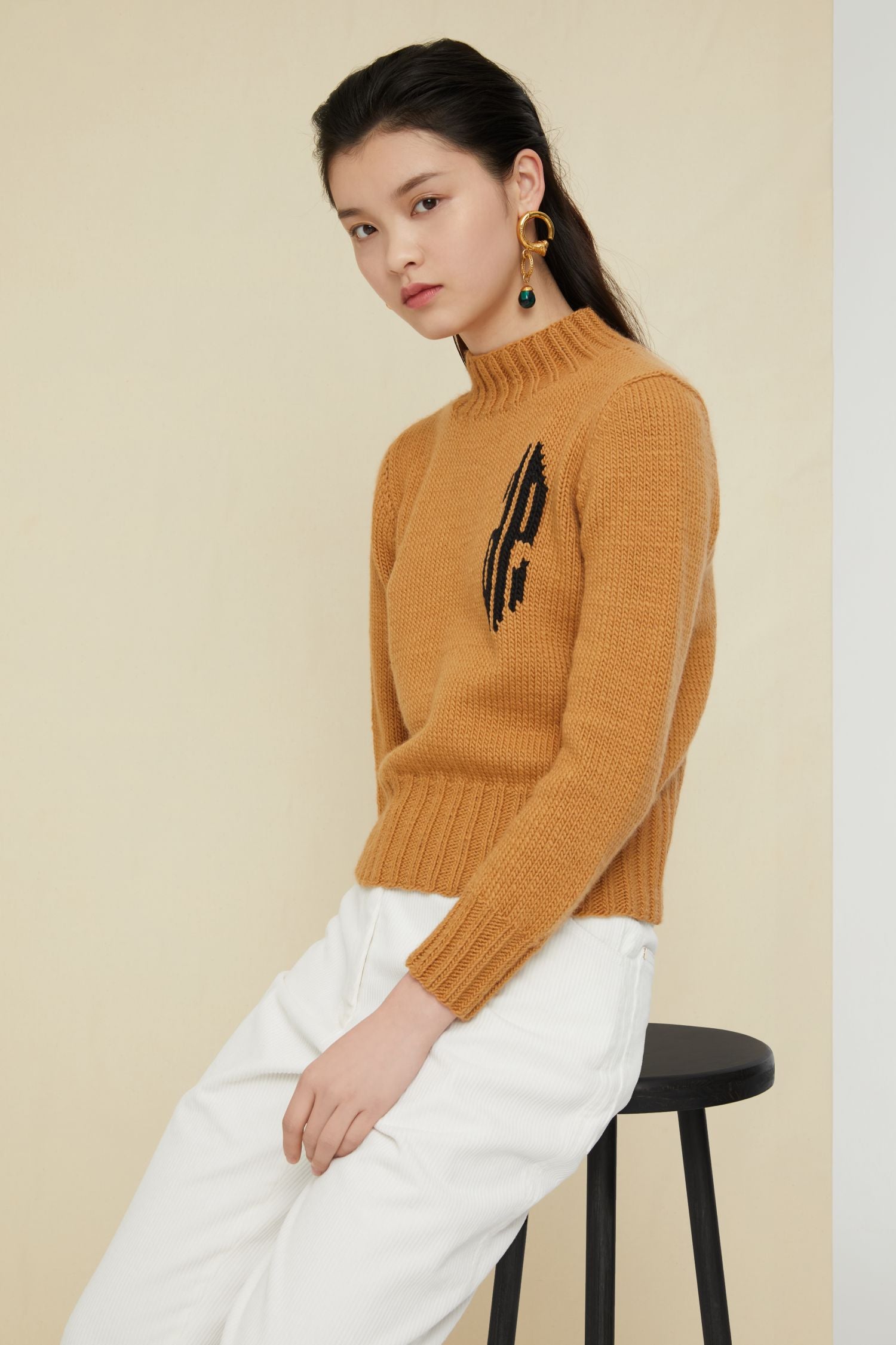 Short wool jumper with intarsia - Copper