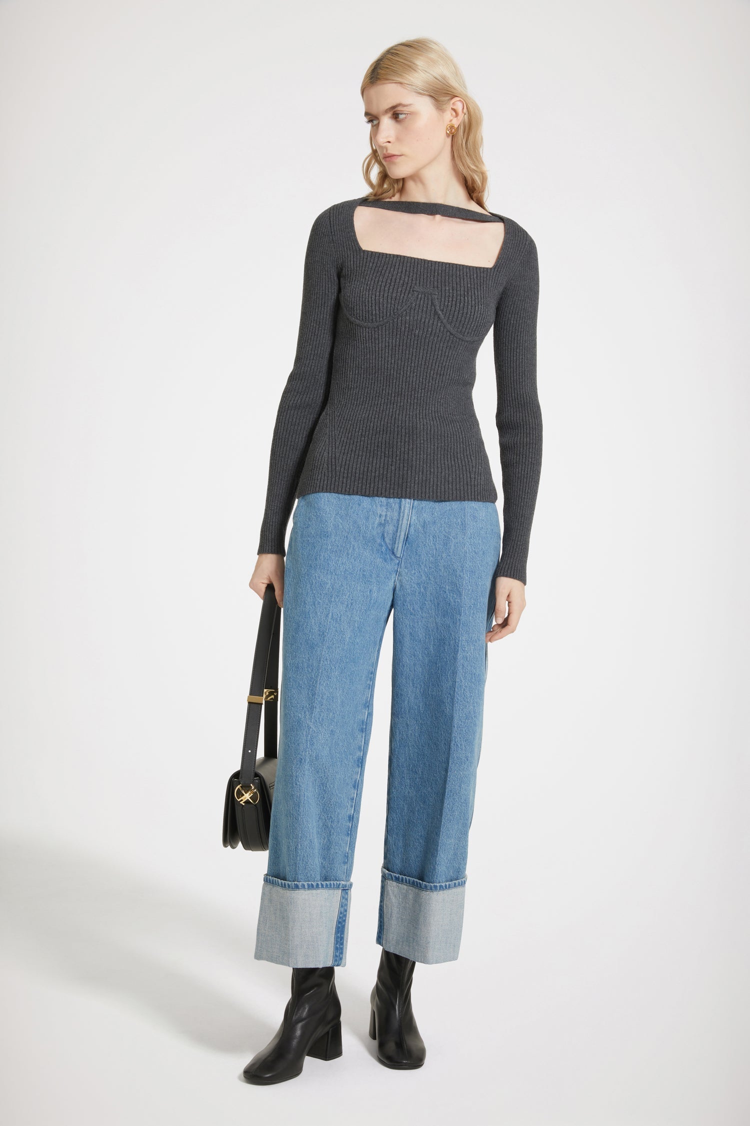 Top corset côtelé en laine mélangée éco-responsable - Gris Anthracite
