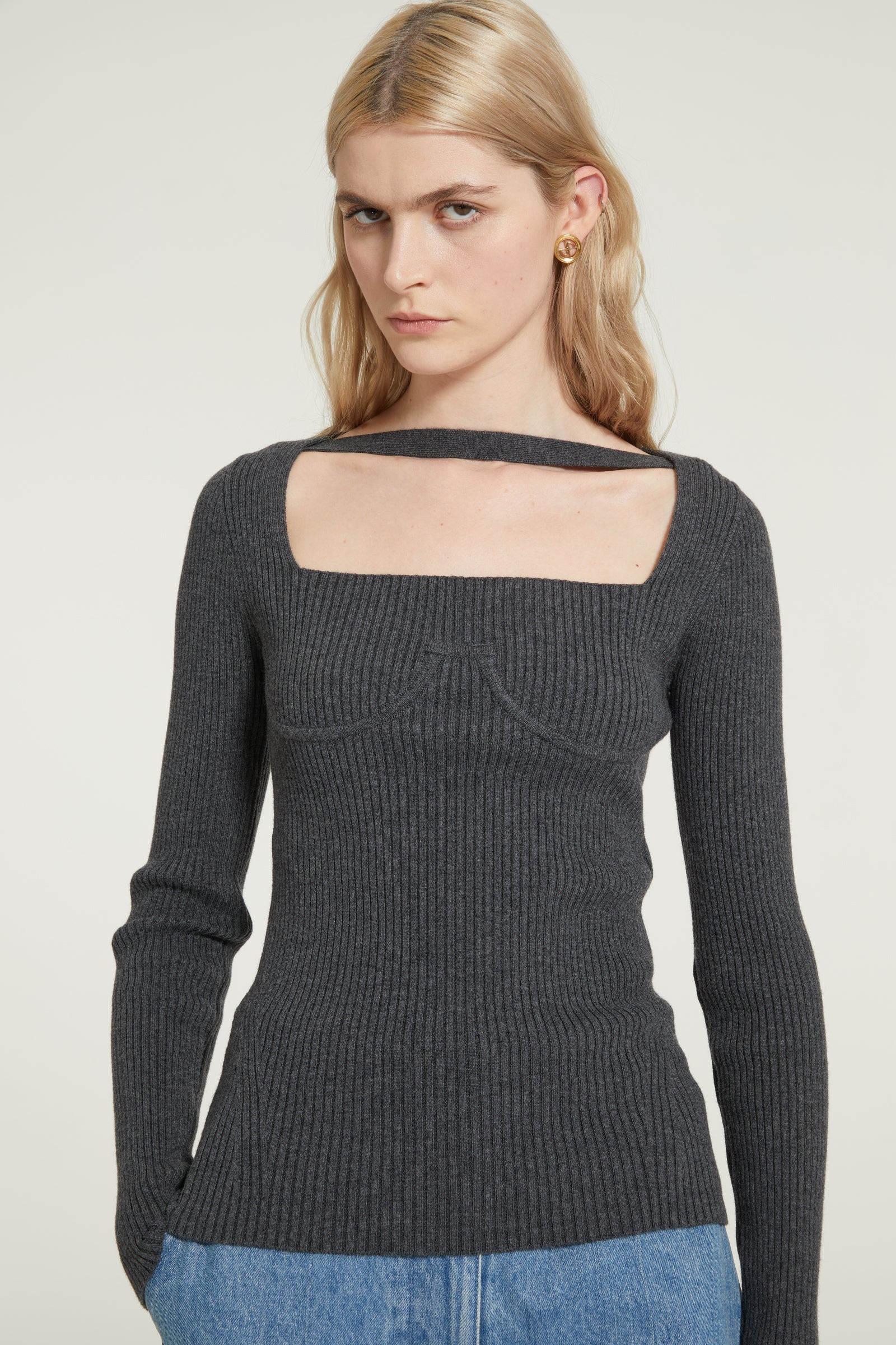 Top corset côtelé en laine mélangée éco-responsable - Gris Anthracite