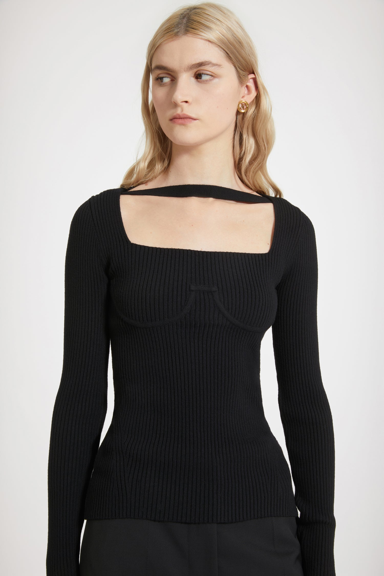Top corset côtelé en laine mélangée éco-responsable - Noir