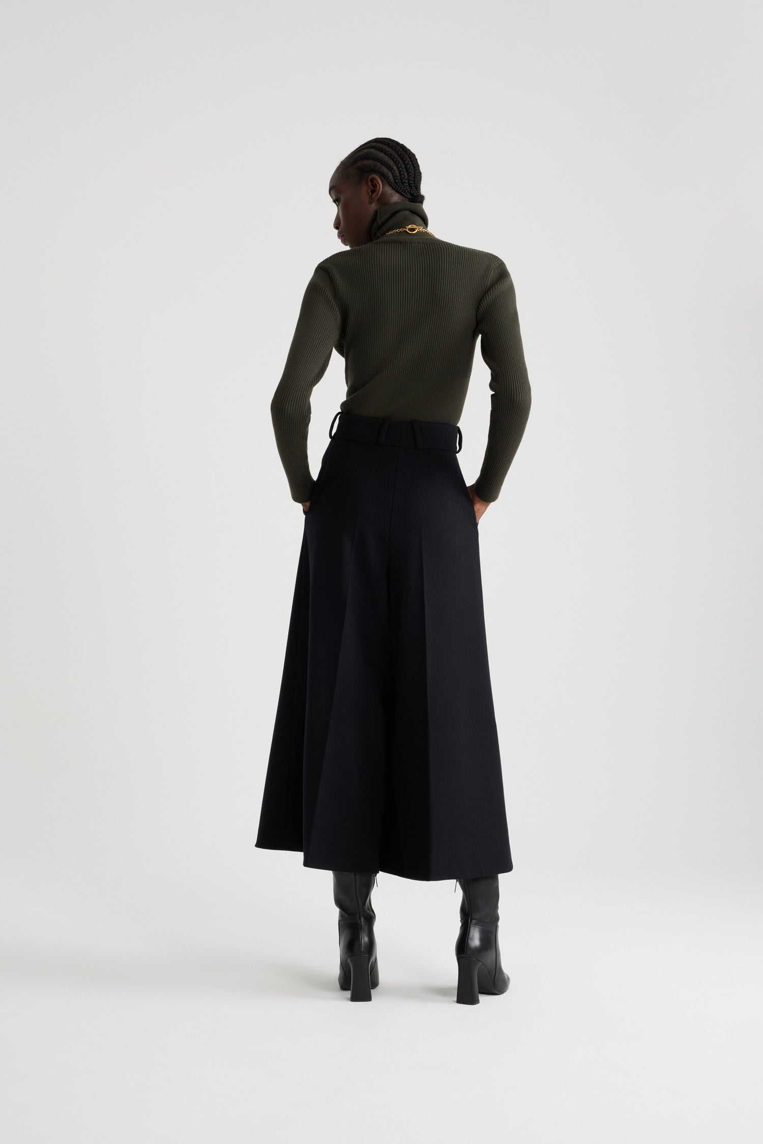 Pull col roulé côtelé en laine et cachemire - Kaki