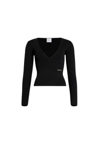 Black / Pull à col V côtelé en laine éco-responsable