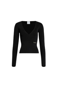 Pull à col V côtelé en laine - Noir