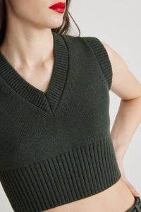 Pull court sans manches en laine et cachemire - Vert Bouteille