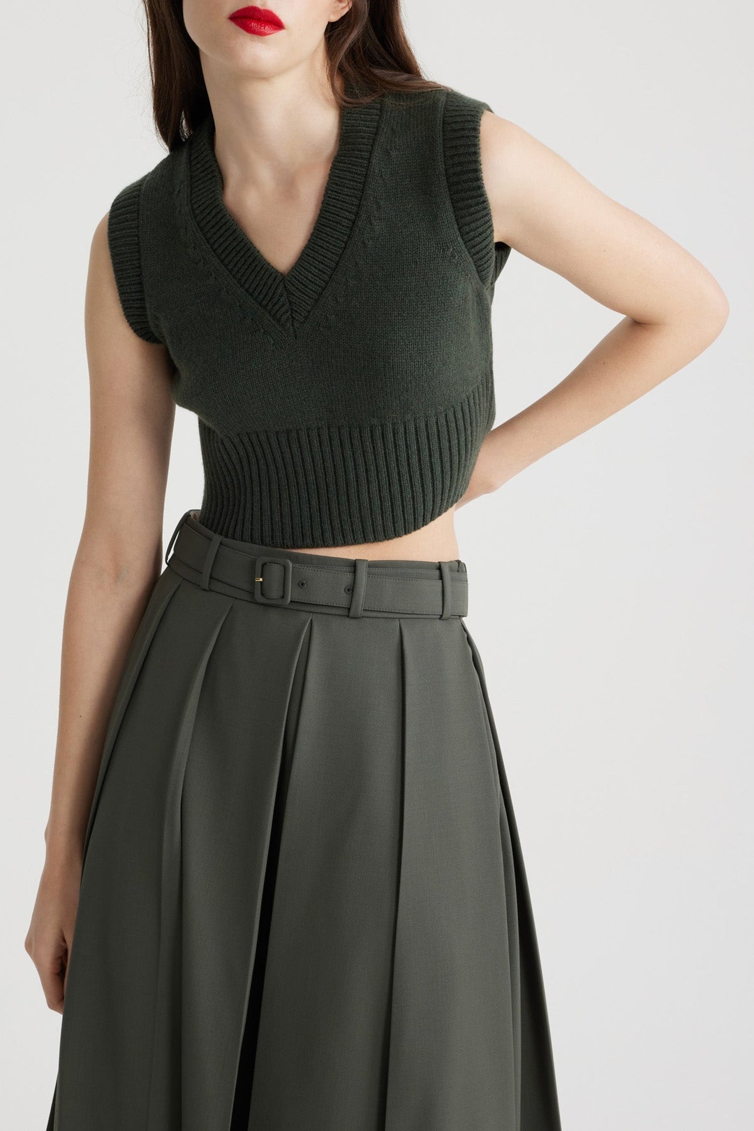 Pull court sans manches en laine et cachemire - Vert Bouteille