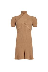 Robe midi à bustier croisé en laine et cachemire - Biscuit