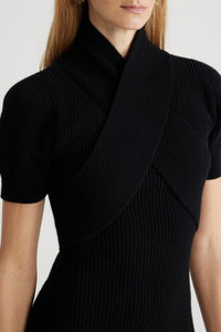 Robe midi à bustier croisé en laine et cachemire - Noir