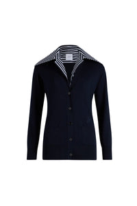 Cardigan à col trompe l'œil en maille de coton - Bleu Marine