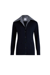 Navy Black / Cardigan à col trompe l'œil en maille de coton