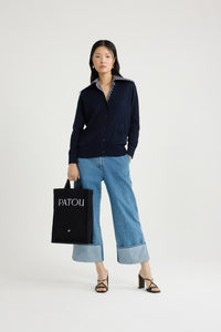 Navy Black / Cardigan à col trompe l'œil en maille de coton