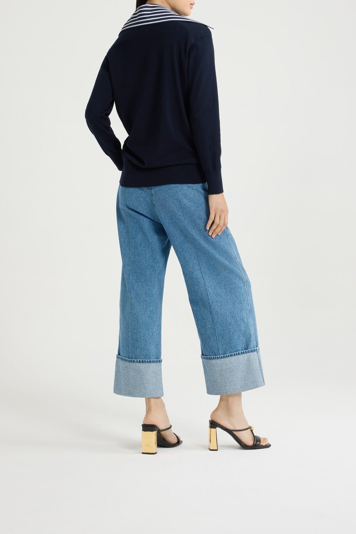 Cardigan à col trompe l'œil en maille de coton - Bleu Marine