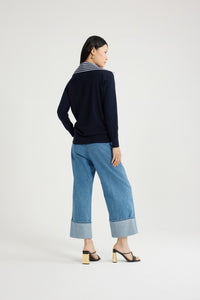Navy Black / Cardigan à col trompe l'œil en maille de coton