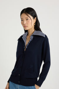 Navy Black / Cardigan à col trompe l'œil en maille de coton