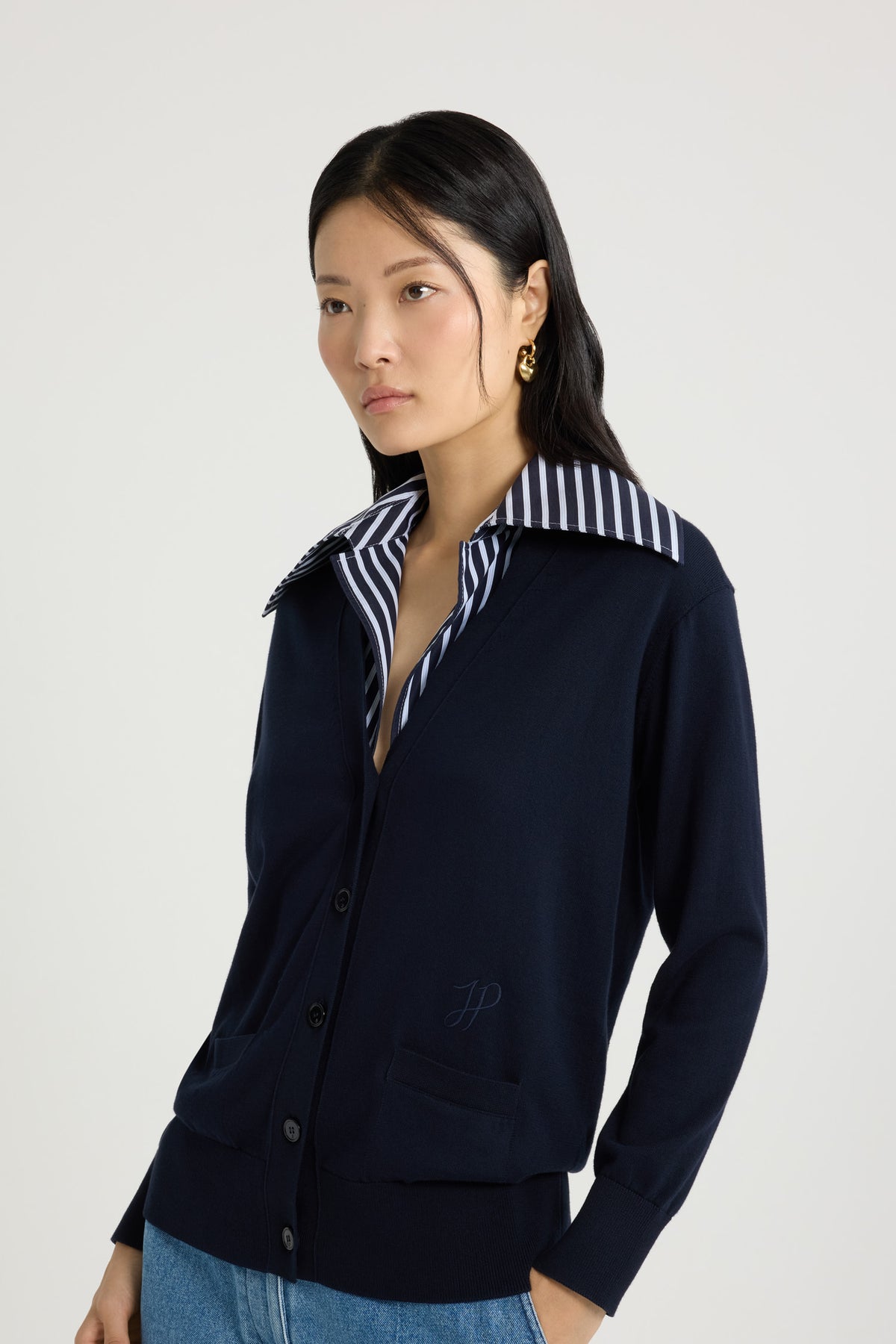 Navy Black / Cardigan à col trompe l'œil en maille de coton