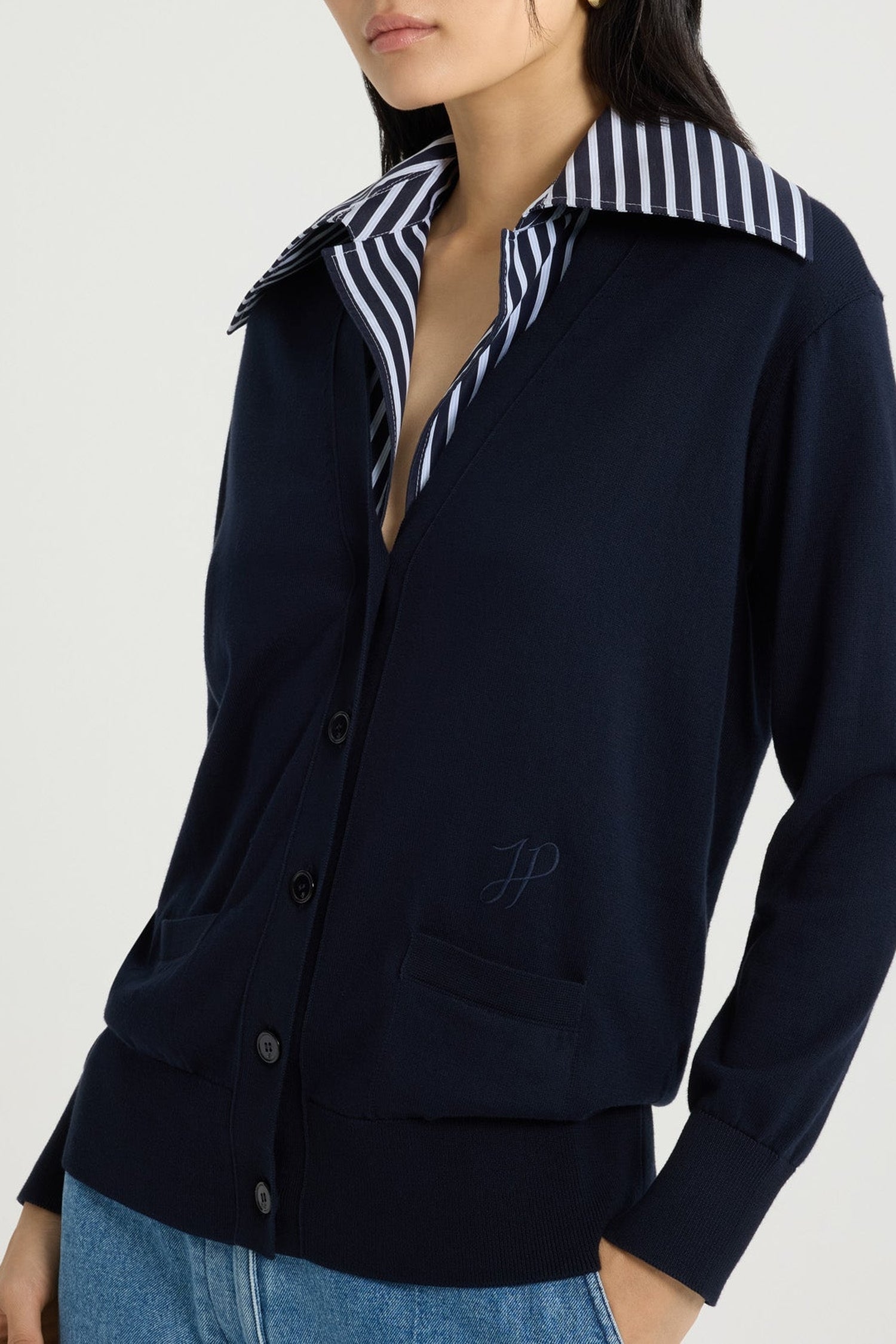 Cardigan à col trompe l'œil en maille de coton - Bleu Marine