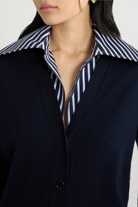 Cardigan à col trompe l'œil en maille de coton - Bleu Marine