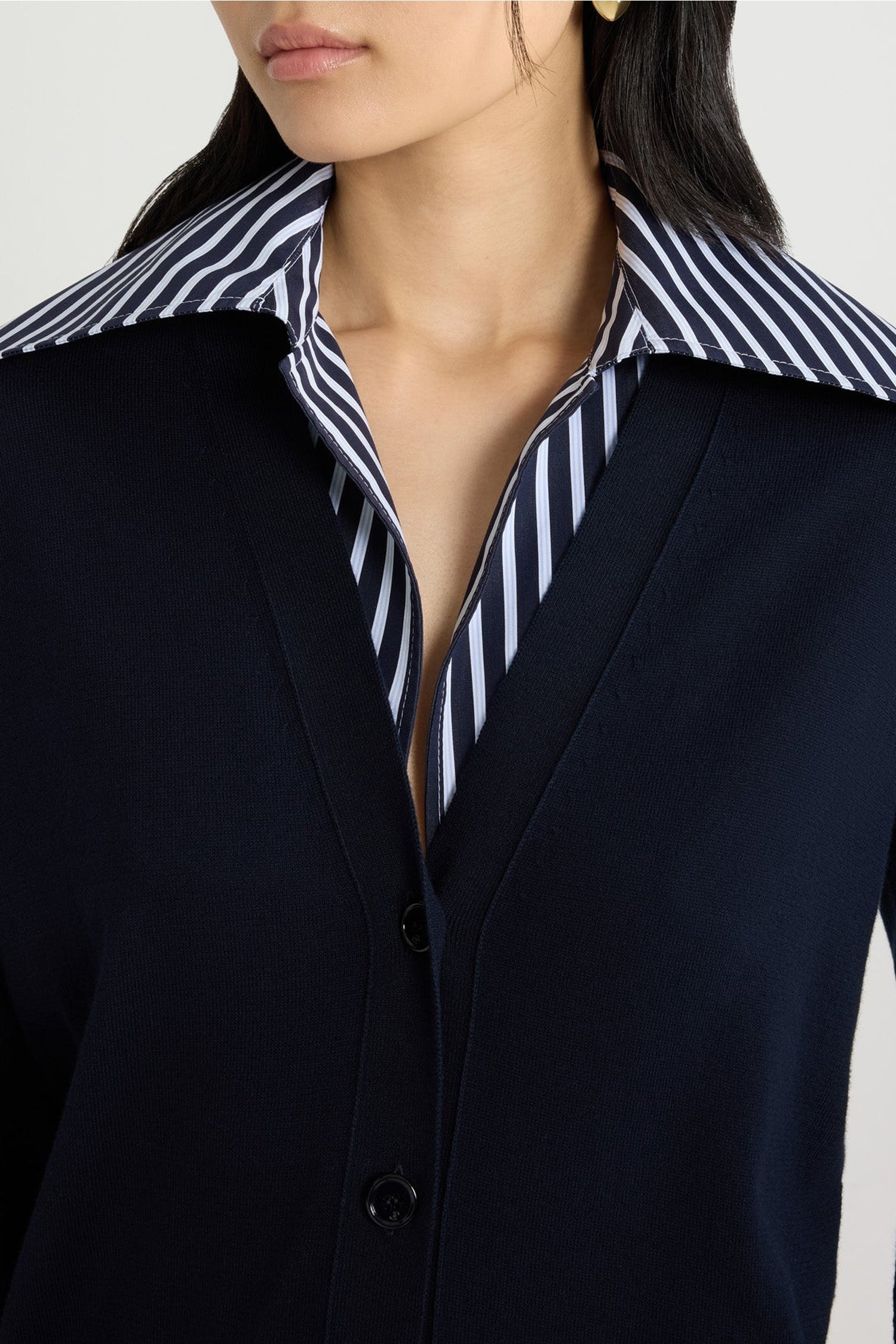 Cardigan à col trompe l'œil en maille de coton - Bleu Marine