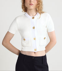 Cardigan court en maille de coton gaufrée - Ivoire