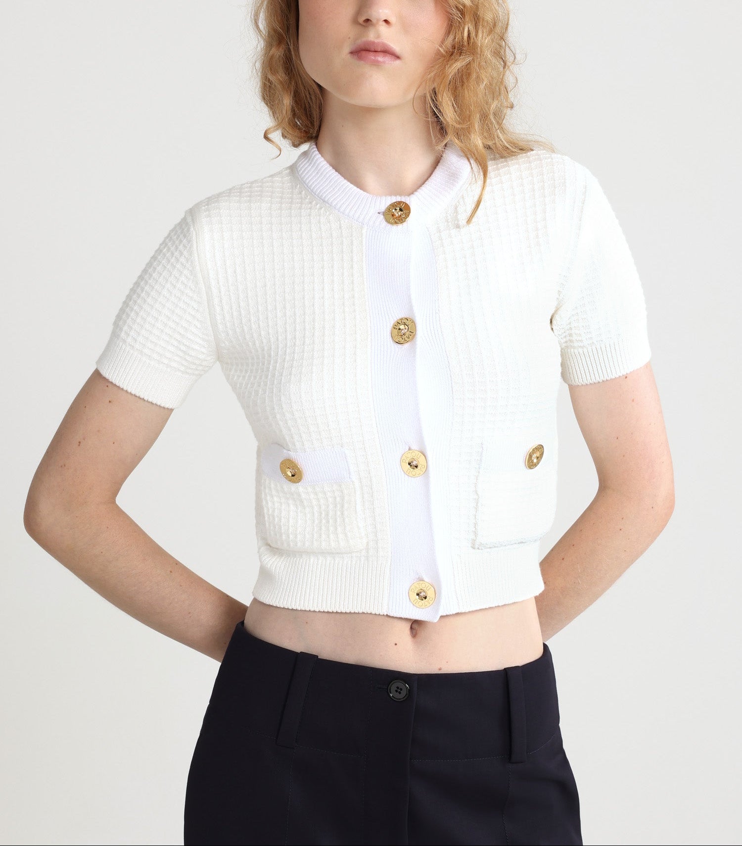 Cardigan court en maille de coton gaufrée - Ivoire