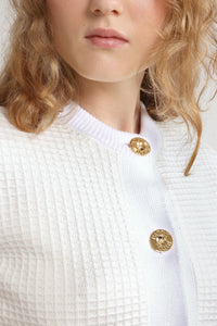 Cardigan court en maille de coton gaufrée - Ivoire
