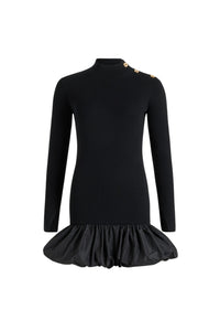 Black / Robe courte côtelée à ourlet volanté en laine et faille