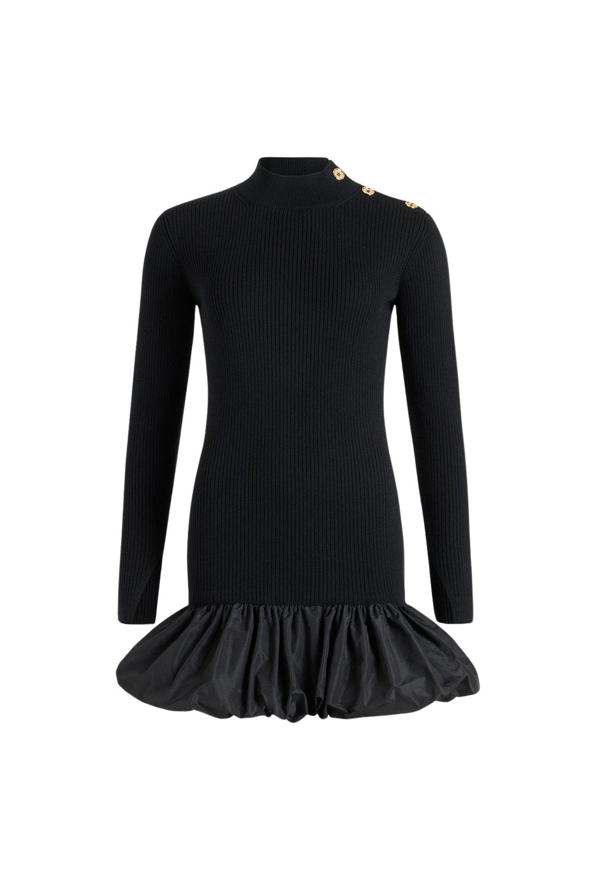 Black / Robe courte côtelée à ourlet volanté en laine et faille