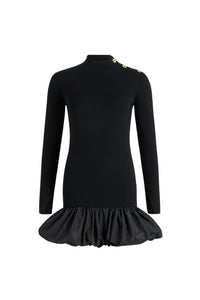 Robe courte côtelée à ourlet volanté en laine - Noir