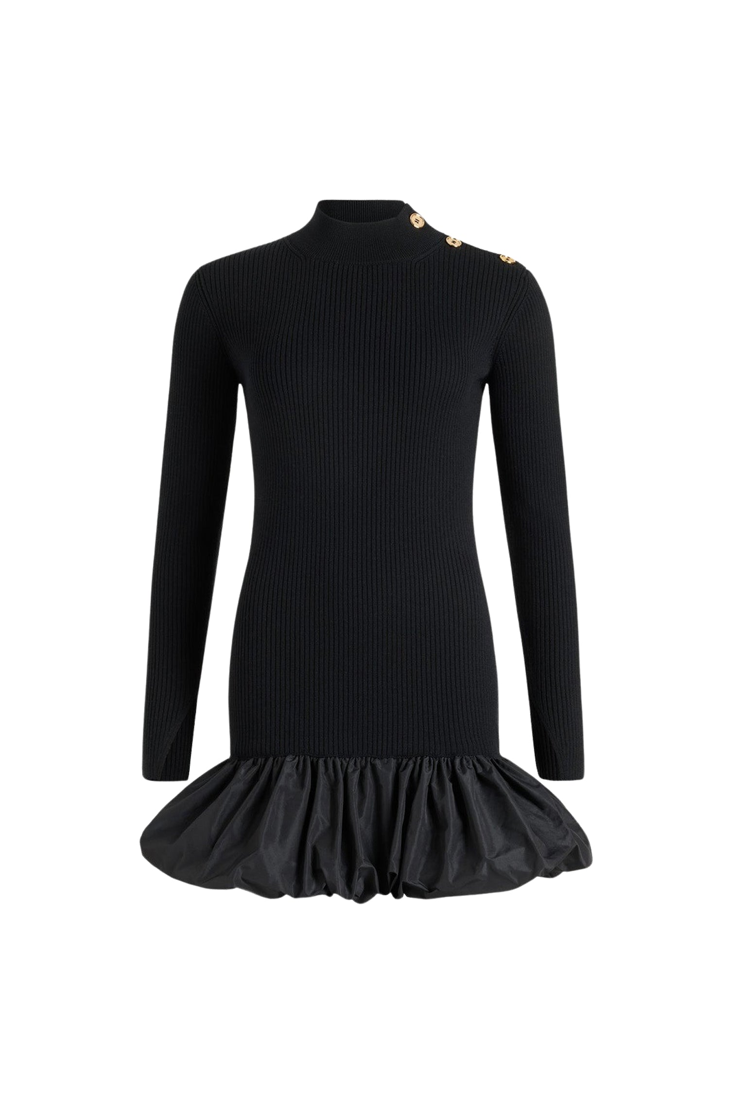 Robe courte côtelée à ourlet volanté en laine - Noir