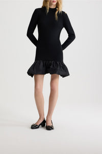 Robe courte côtelée à ourlet volanté en laine - Noir