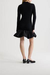 Robe courte côtelée à ourlet volanté en laine - Noir
