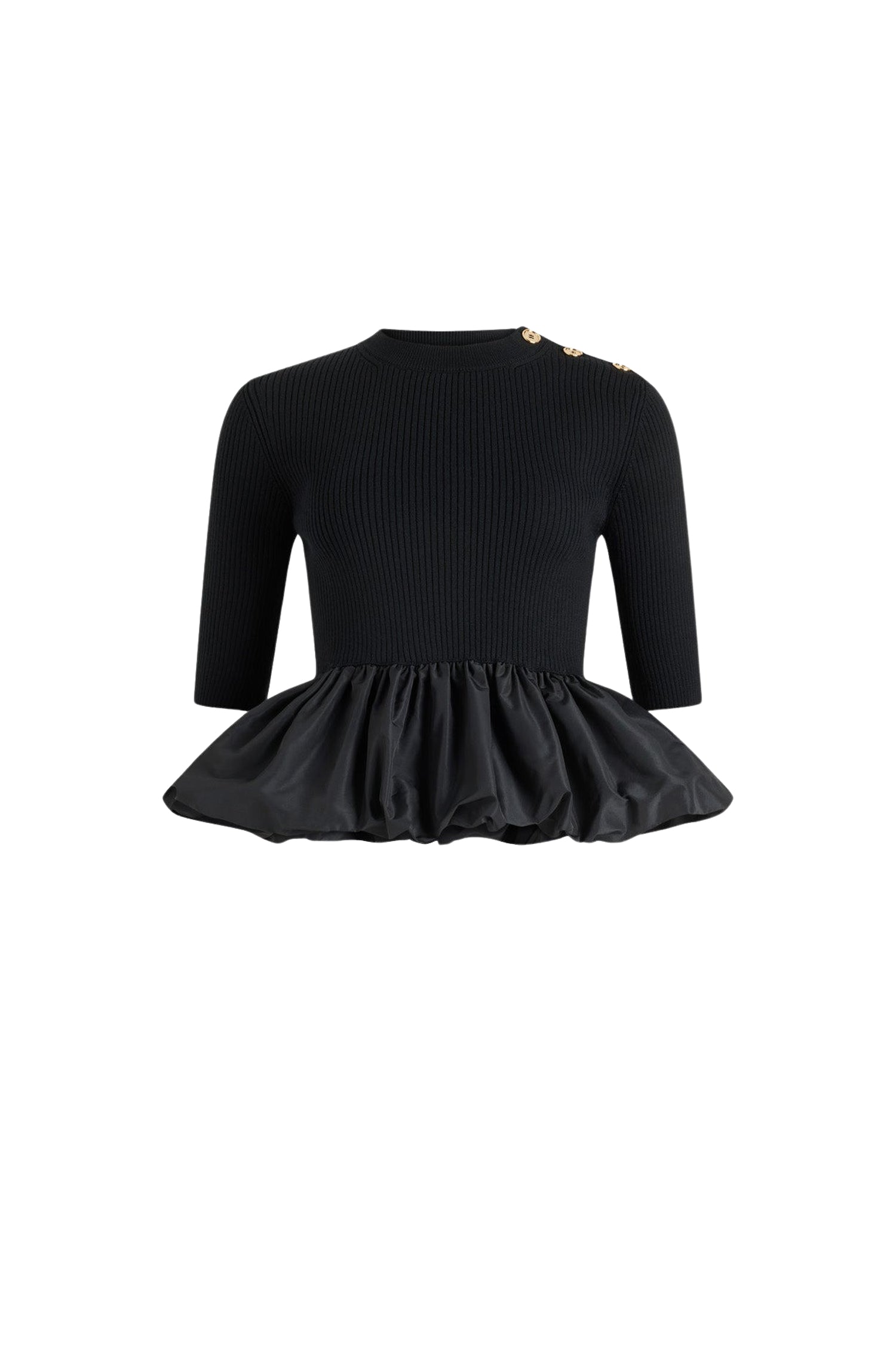 Black / Pull côtelé à ourlet volanté en laine et faille