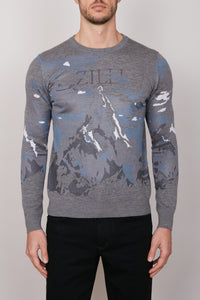 Pull à motif montagne en laine - Gris