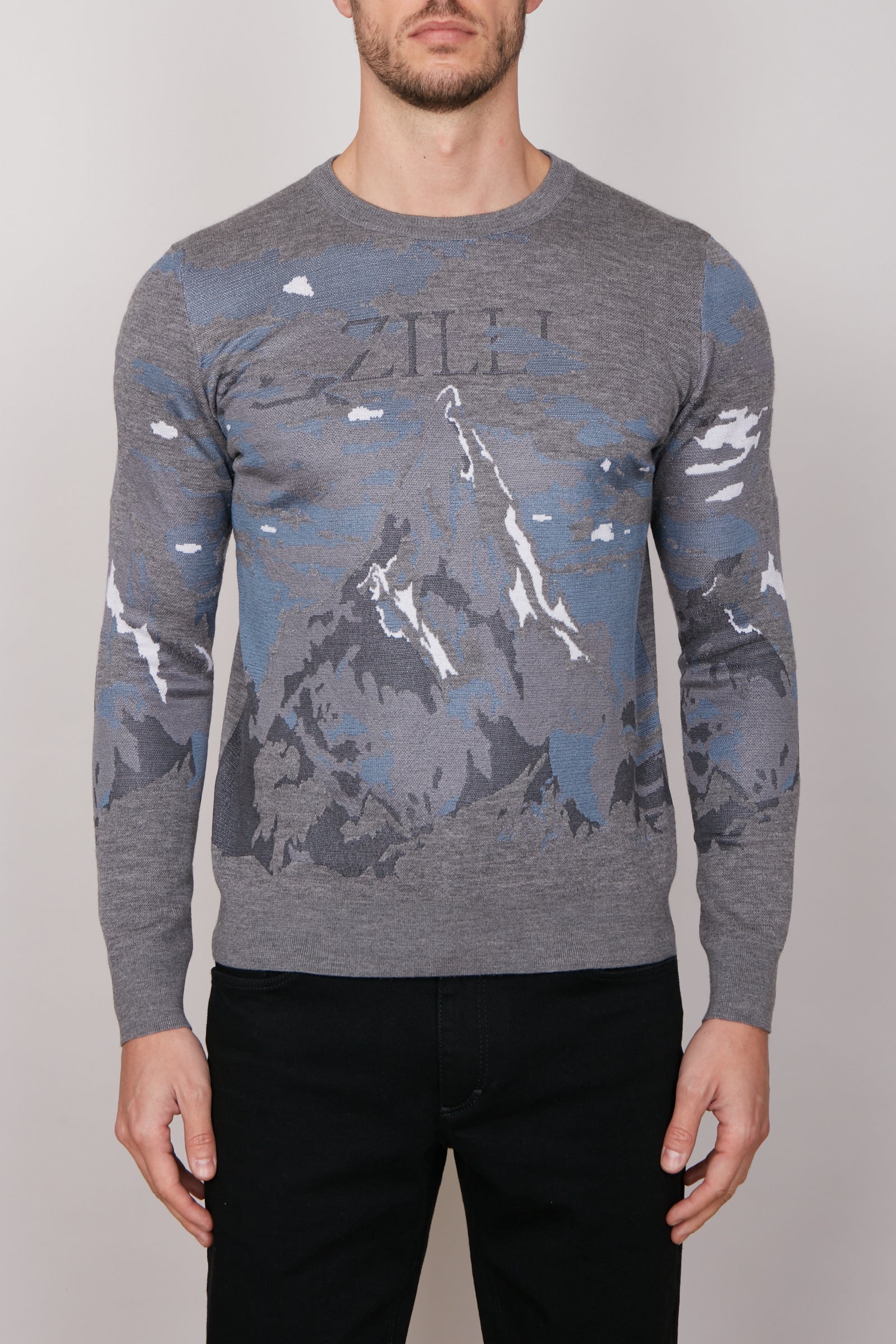 Pull à motif montagne en laine - Gris