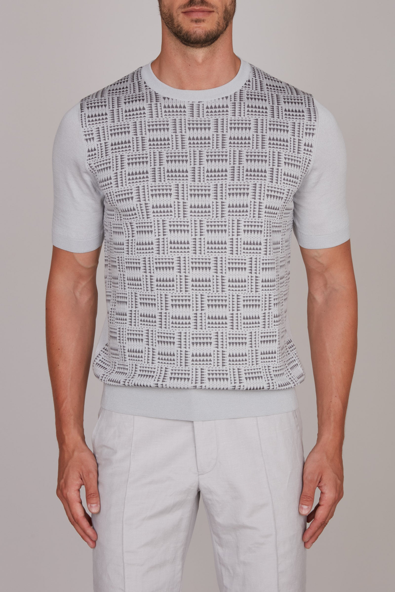 Pull à motif géométrique en soie - Argenté & Gris