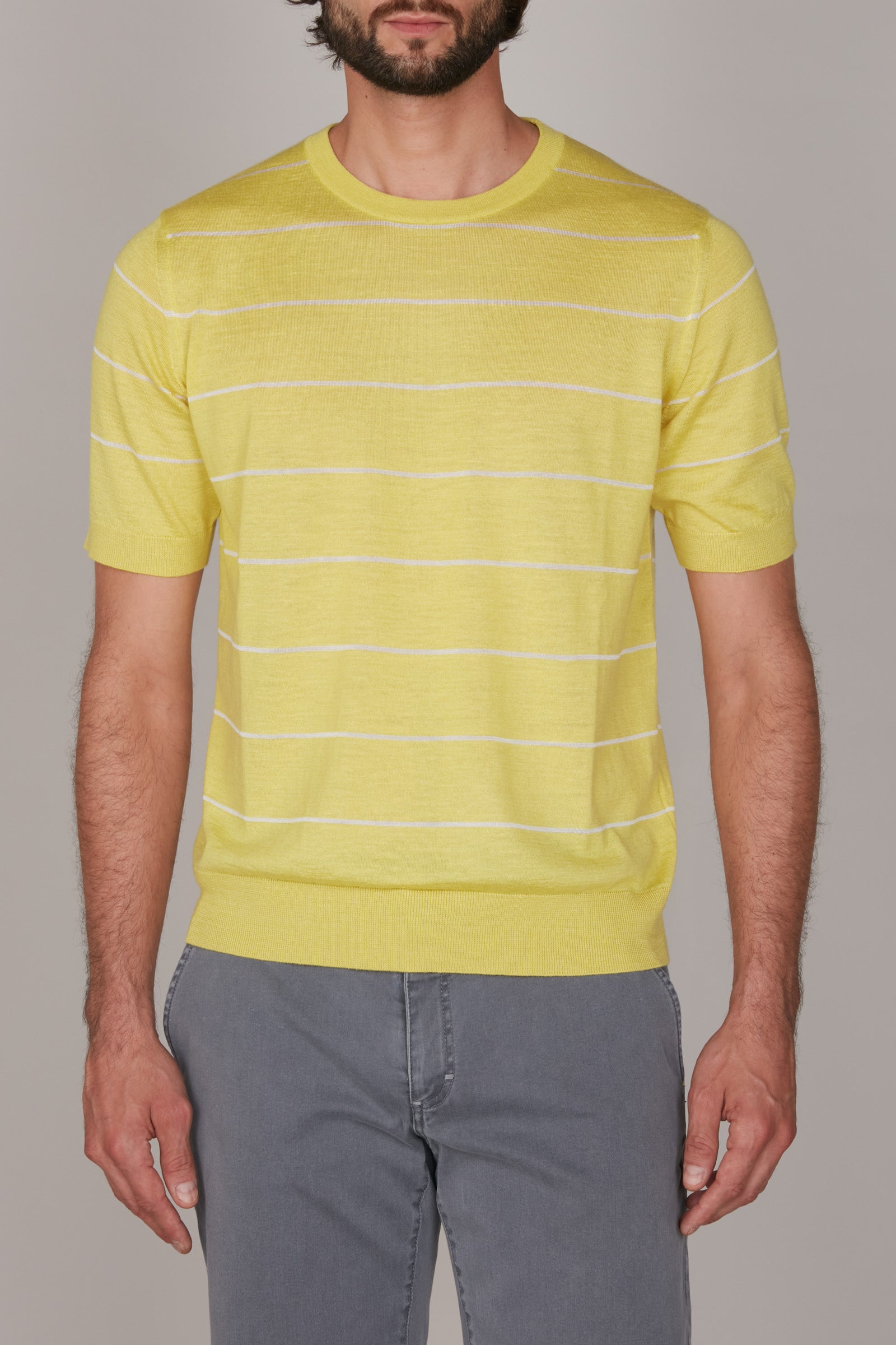 T-shirt maille à rayures horizontales en cachemire - Jaune & Blanc