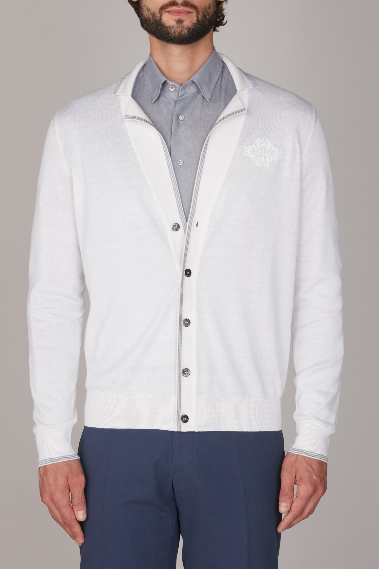 Cardigan brodé en cachemire - Blanc & Gris
