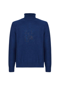 Pull à col roulé brodé en laine - Bleu