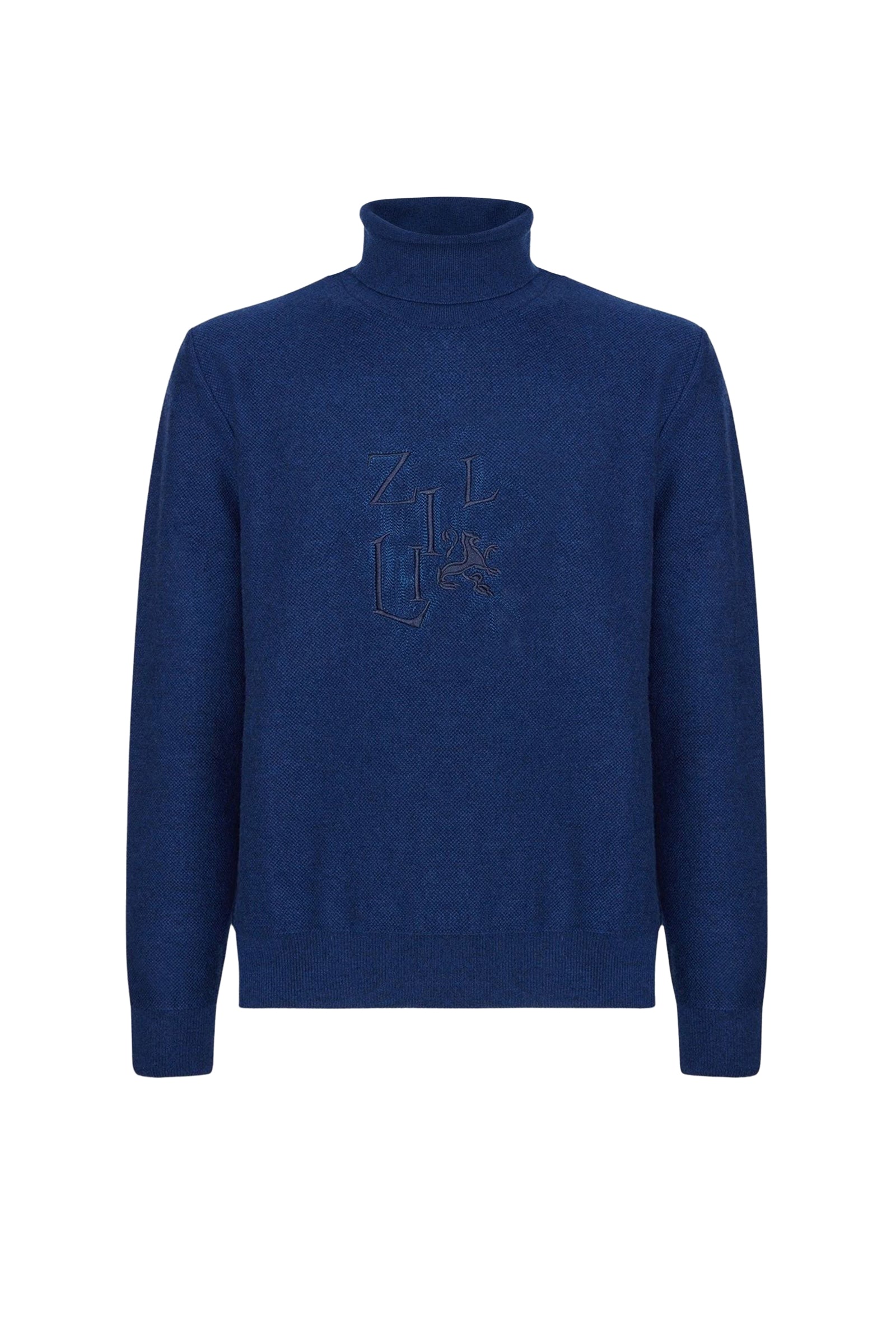 Pull à col roulé brodé en laine - Bleu