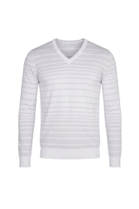 Pull à col V et rayures horizontales en soie - Blanc & Gris