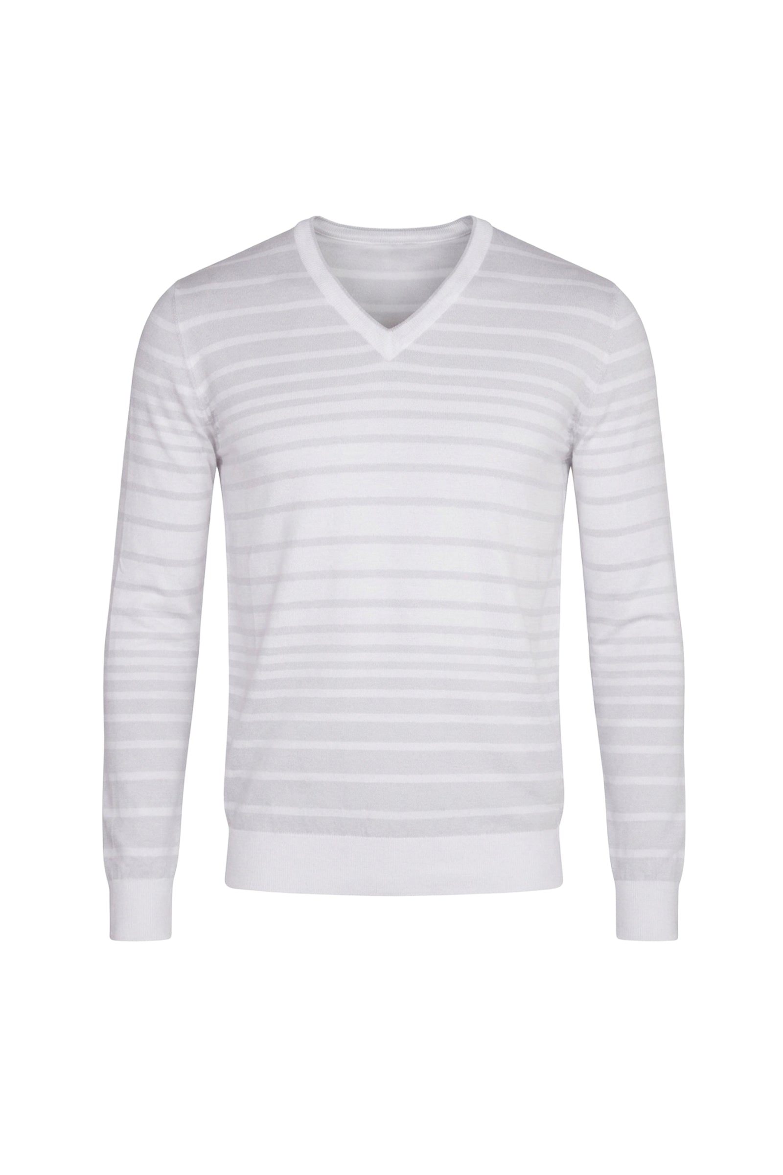 Pull à col V et rayures horizontales en soie - Blanc & Gris