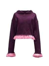 Sweat à capuche avec ourlet satiné en laine - Plum