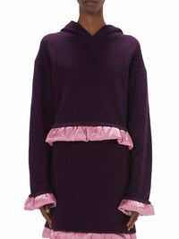 Sweat à capuche avec ourlet satiné en laine - Plum