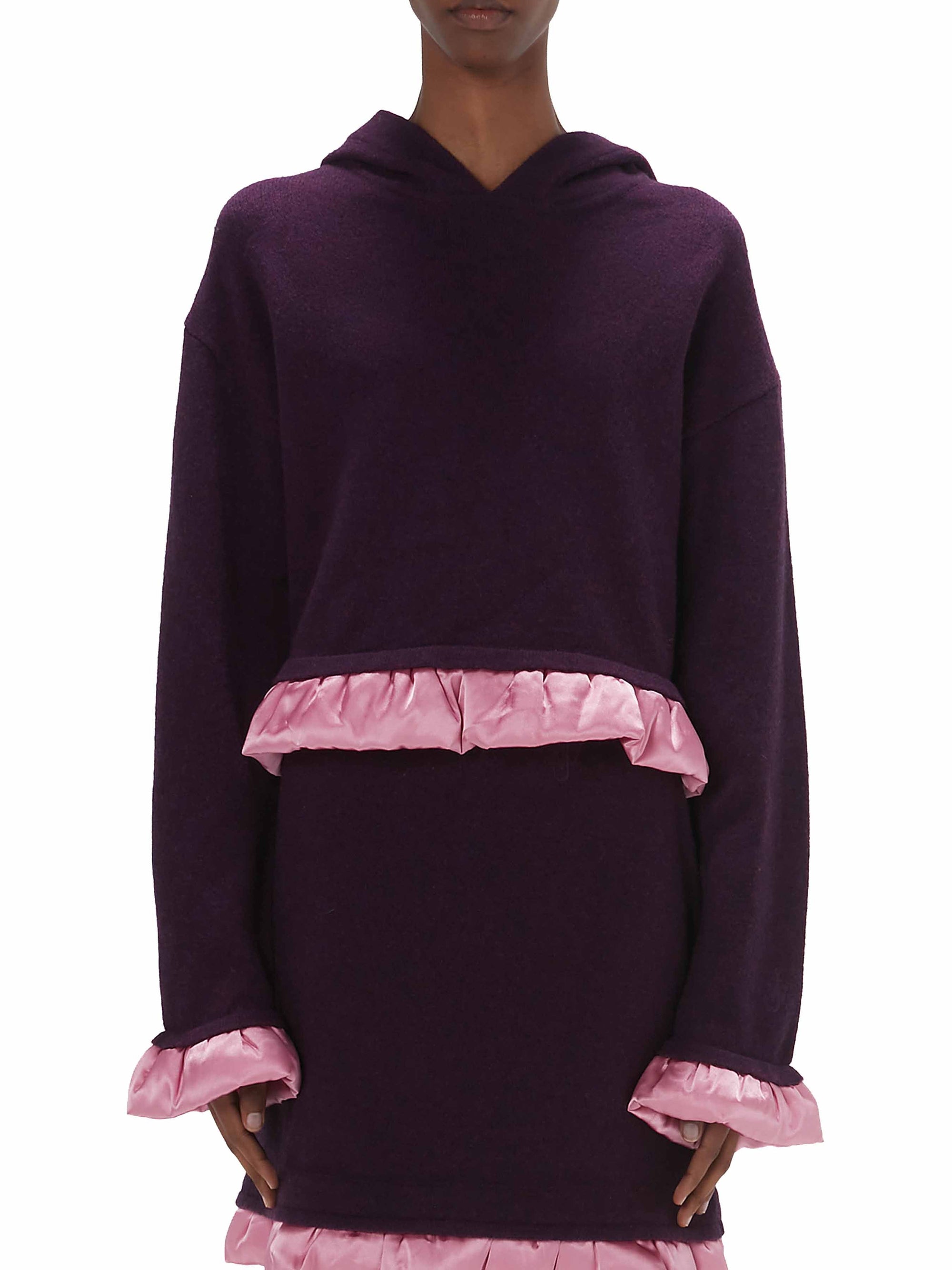 Sweat à capuche avec ourlet satiné en laine - Plum