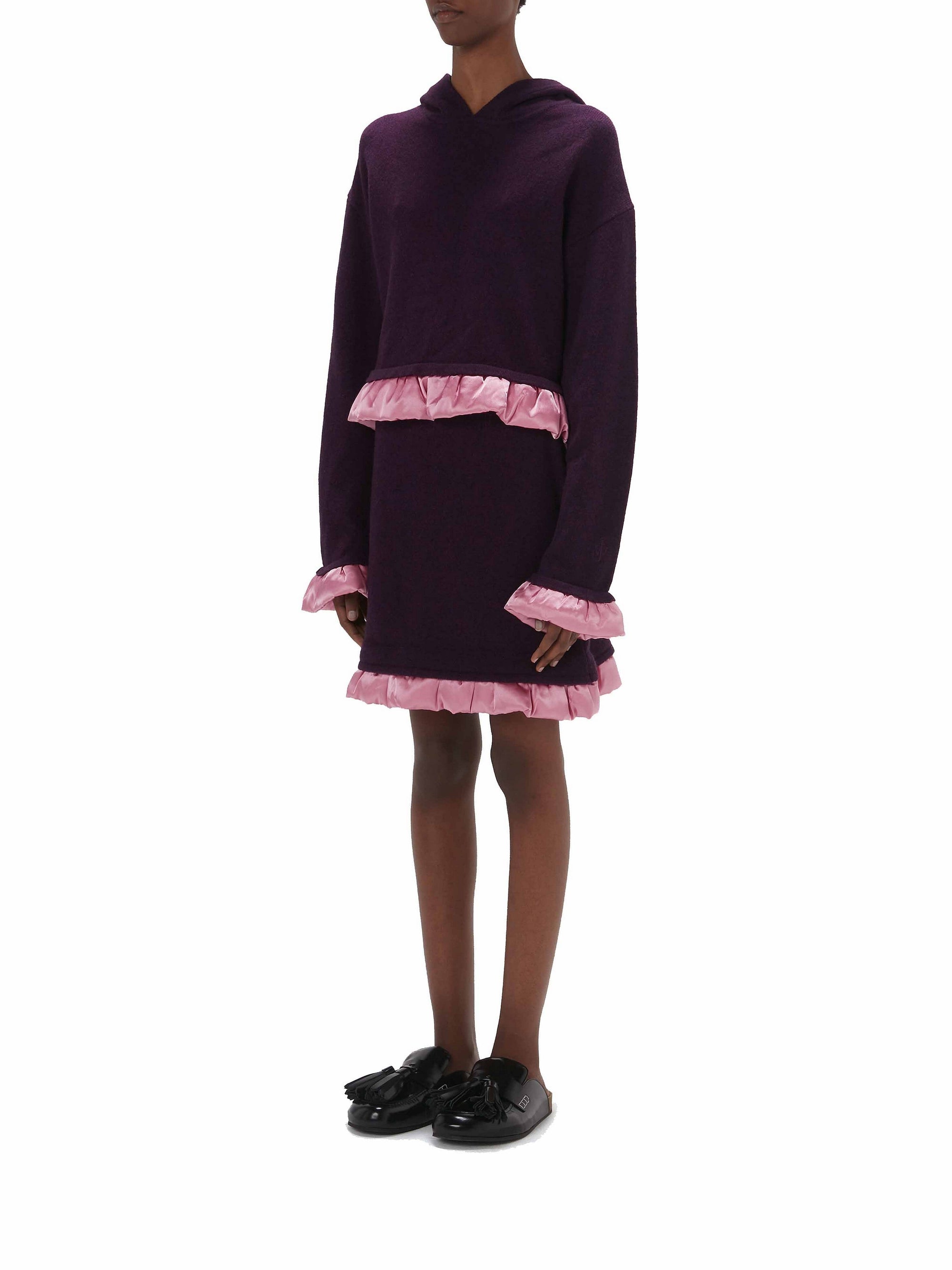 Sweat à capuche avec ourlet satiné en laine - Plum