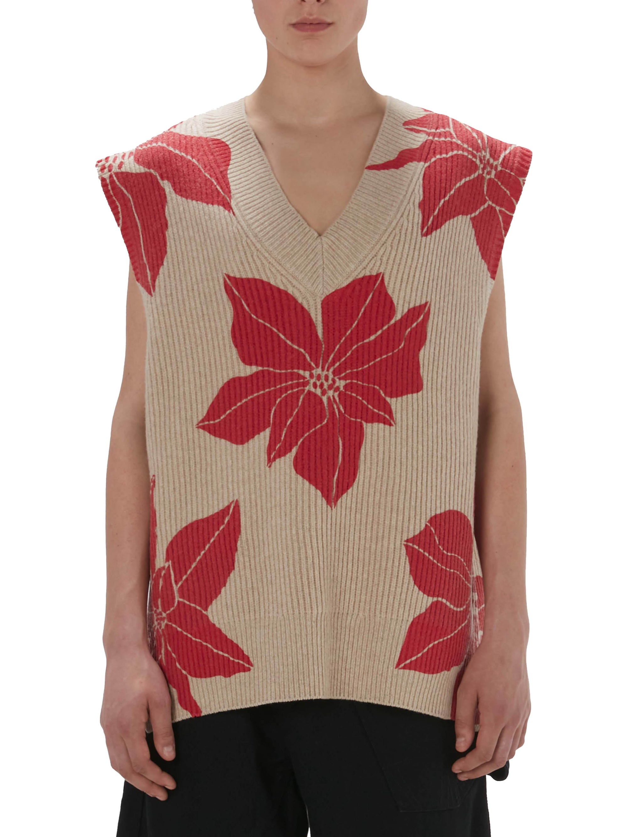 Pull sans manches imprimé à col V en laine - Oatmeal