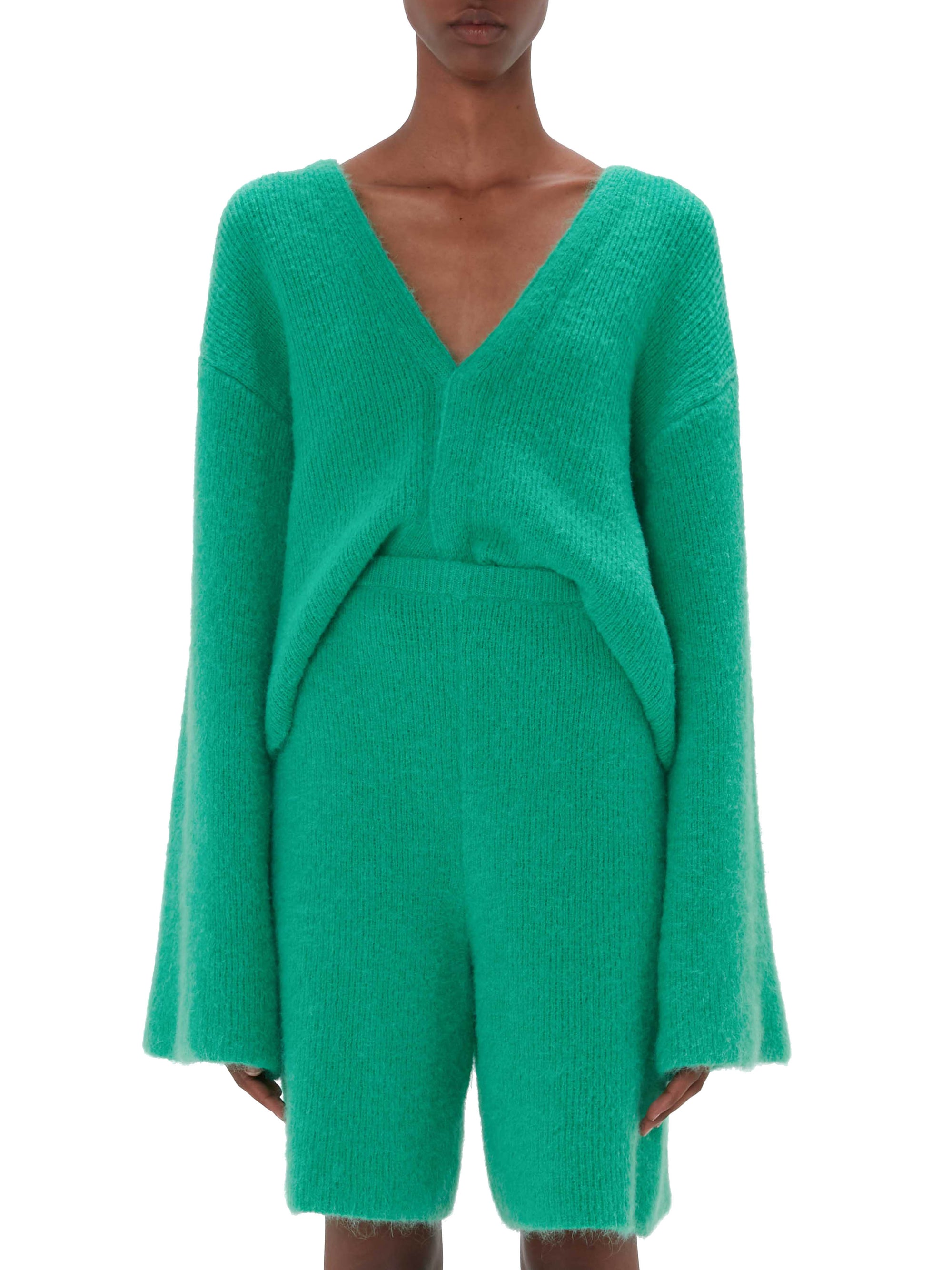 Cardigan à col V et manches évasées en laine mélangée - Jade